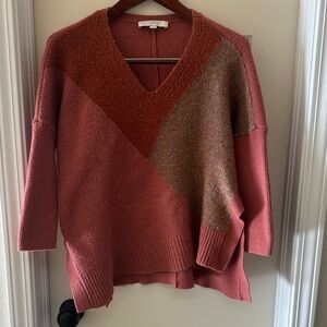 LOFT Colorblock V-Neck Sweater in Pink and Brown